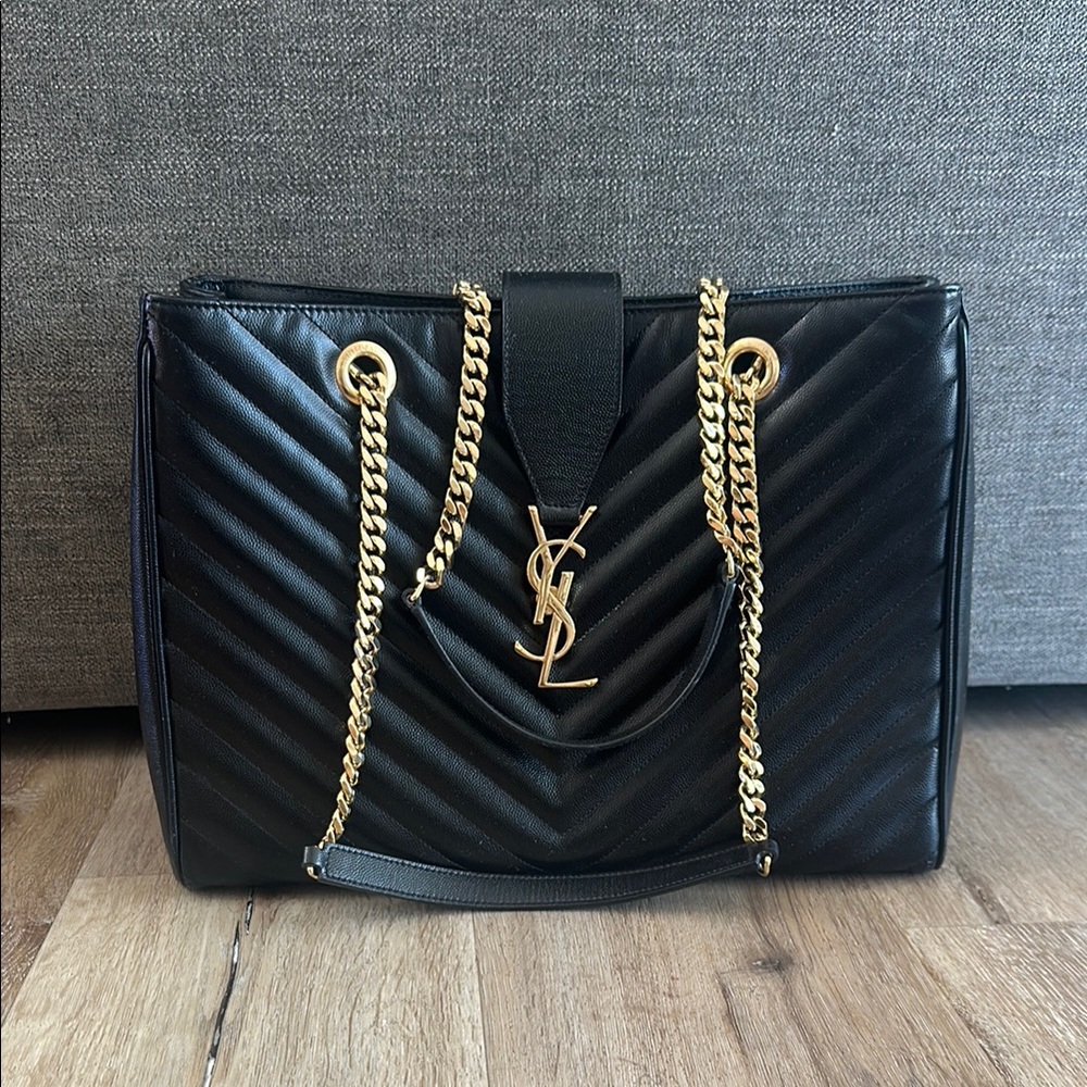 Yves Saint Laurent Black Quilted Leather Bag with Gold Chain